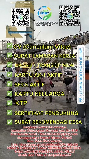 144 reactions · 22 shares | PERSYARATAN BERKAS" YANG DI SIAPKAN MELAMAR DI PERTAMBANGAN PT.IPIP Lengkapi berkas lamarannya kemudian Gabungkan Menjadi satu file PDF kirimkan ke email : Recruiment@ipip-hy.com menggunakan format (Nama-Posisi) Atau Scan Barcodenya Link: https:forms.gle/XyHMAw8x2PuNKjvEA HANYA KANDIDAT YANG MEMENUHI KRITERIA YANG AKAN DI PROSES LEBIH LANJUT Gratis dan Tidak di pungut biaya.!!! #Vod #reeals #fyp #monetisasi @sorotan SEMUA ORANG | Udhin Aditya Horline | Facebook