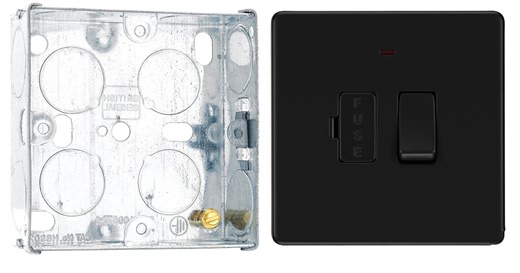 BG Screwless Matt Black 13A Switched Spur + Neon FFB52 with 25mm Steel Back Box
