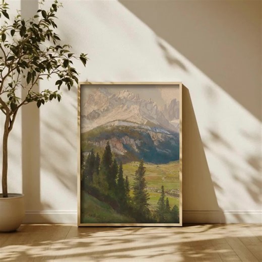 Alpine Landscape Painting – Snow-capped Mountain Wall Art | Vintage Nature Scene Printable | Serene European Valley Artwork - Etsy