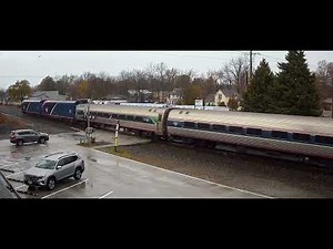 Amtrak ALC-42 duo lead as an Amtrak train passes Riley's Railhouse