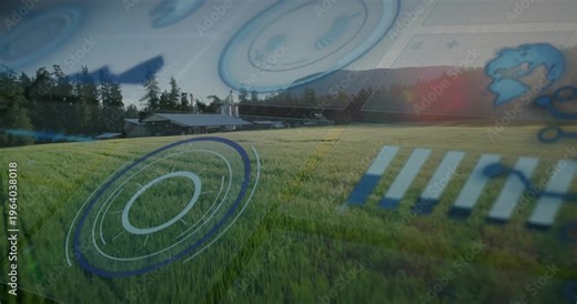 Camera gliding over crop field toward farm, initiating HUD parallax with rings and farming data
