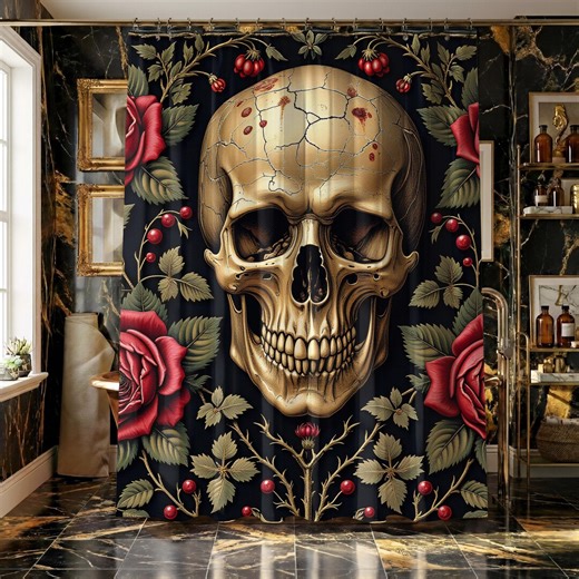 Gothic Skull Shower Curtain William Morris Print Red Rose Botanical Gold Black Macabre Bath Decor - Etsy