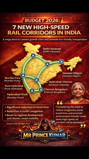 🚄 Budget 2026: High-Speed Rail Corridors 🇮🇳 : : : : : #HighSpeedRail #UnionBudget2026 #Infrastructure #TransportDevelopment #IndiaGrowth MRPRINCEUPDATE mrprincekashyapp ⚠️ Disclaimer: This content is based on budget announcements and publicly available information. Project routes and timelines are subject to official approvals and implementation updates. Shared for informational and awareness purposes only. 📰 | Prince Kumar