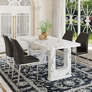 Amazon.com - 64.5" Modern Faux Marble Dining Table Set for 4, White Dining Room Table Set with Sculptural Double Pedestal Base & Tempered Glass Accents, Rectangular Dining Table Set for Kitchen,Easy Assembly - Table & Chair Sets