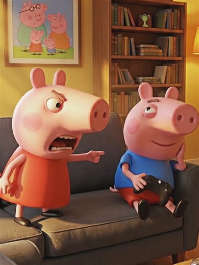 In this animated clip, Peppa Pig gets her revenge on her little brother George after he spends three days glued to the couch insulting her. The humor, characteristic of American Gen Z comedy, unfolds as Peppa's perfectly executed plan leaves George literally stuck — controller superglued to both hands, nowhere to go. The content features the iconic characters from the