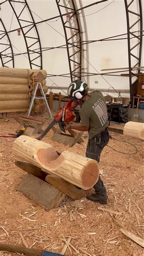 Nate is rocking the full scribe notching on our latest Douglas Fir build 👍 | Langberg Log Homes