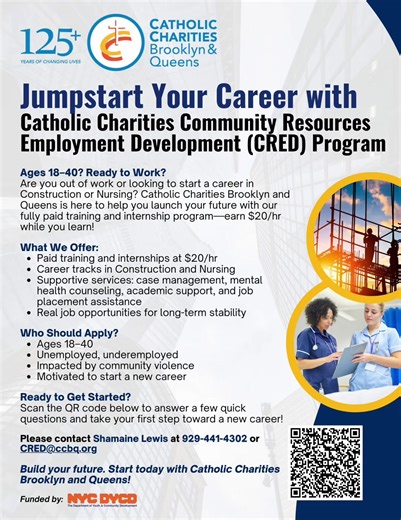 🚀 Jumpstart your career — and get PAID while you train! Catholic Charities Brooklyn & Queens is offering PAID training & internships at $20/hr through the CRED Program. 👷‍♂️ Construction 🩺 Nursing 👥 Support services job placement 📲 Scan the QR code to apply 📍 Brooklyn & Queens 👥 Ages 18–40 #NYCJobs #PaidTraining #CareerStart #BrooklynJobs #QueensNYC