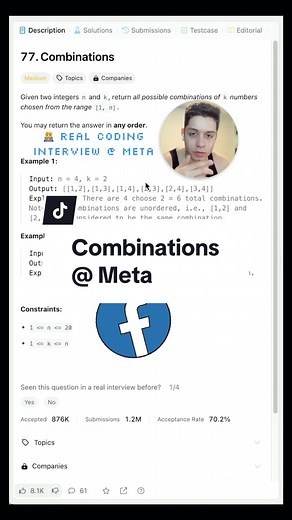 Cracking the Meta Coding Interview: Combinations #codinginterviews #techinterview #leetcode #datastructuresandalgorithms #computerscience #recursion