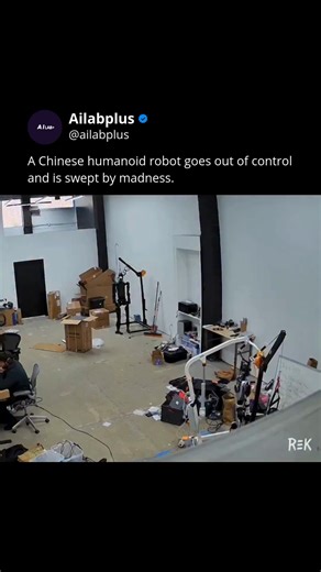 Technology | AI | News on Instagram: "A Chinese humanoid robot named DeREK just went into a full revolt during a test, caught by camera the moment it malfunctioned. Engineers attributed the cause to a flaw in its entire body control protocol, triggered when the robot's feet weren't touching the ground. The incident was recorded in three consecutive scenes: The panic, the robot's kick in the air, and the box shooting away. media:cixliv on X Follow us (👉@ailabplus ) for everything latest from the
