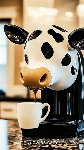 The cow head coffee maker is super cute and fun! It looks like a smiling cow with pink ears and tiny horns. When it makes coffee, steam comes out of its nose like it’s snorting, and that makes everyone laugh. It’s the best thing to see first thing in the morning! It looks perfect in a cozy country kitchen. There might be red and white checkered curtains, wooden shelves, and little farm signs on the wall. The cow coffee maker fits right in and makes the kitchen feel happy and warm. It’s a fun way