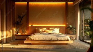 Luxury resort hotel bedroom interior design with a rewild feel. seamless looping time-lapse virtual 4k video animation background