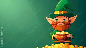 A cheerful leprechaun holds a pot of gold while surrounded by shimmering coins in an enchanting green landscape