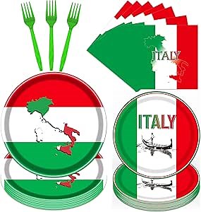 Rakuto Italian Party Tableware Set Supplies, Italian Flag Paper Plates and Napkins and Forks, Italian Party Decorations Red White and Green Italy Family Party Decor Serves 24