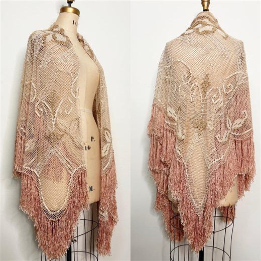 1930s–1950s Art Deco Style Net Lace Shawl With Fringe | Blush Ivory Vintage Evening Wrap - Etsy