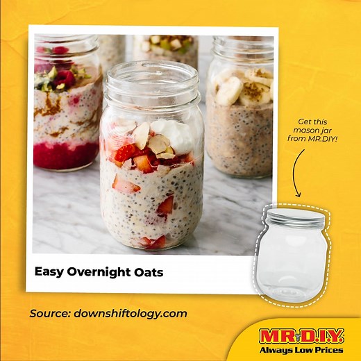 These 5-ingredient overnight oats make for a delicious and convenient breakfast snack. Try them out for yourself! Ingredients 1/2 cup rolled oats 1/2 cup milk 1/4 cup yoghurt 1 tablespoon chia seeds 1 tablespoon maple syrup How-to 1. In a small jar, stir together the oats, milk, yogurt, chia seeds, and maple syrup. 2. Place the jar in the fridge to let the oats soak overnight. 3. The next morning, add your favorite toppings and enjoy! #MRDIY #DailyProductsForEveryone #AlwaysLowPrices #MRDIYPH #A