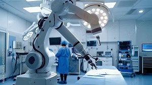 A robotic hand efficiently operates a machine in a hospital setting, assisting in various medical procedures, A medical robot performing a delicate surgery