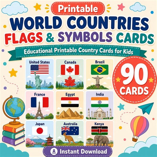 90 World Countries Cards Printable PDF for Kids Flags and Symbols Flashcards - Etsy
