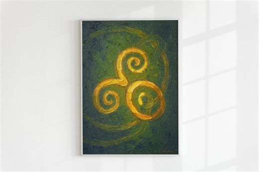 Christian Wall Art, Holy Trinity Symbol, Triskelion Oil Painting, Ancient Celtic Design, Textured Spiritual Decor, Deep Green Gold - Etsy