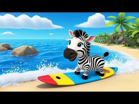 Zebra Surfs on Waves 🦓🏄‍♂️🌊 | 3D Animated Nursery Rhyme for Kids