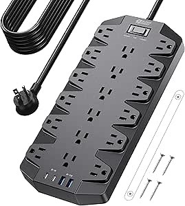 Amazon.com: 18 Widely Outlets Power Strip, SUPERDANNY Surge Protector with 4 USB Ports, 15FT Flat Plug Heavy Duty Extension Cord, 2100J, 1875W/15A, Wall Mount Holes for Home, Office, Dorm, Black : Electronics