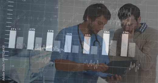 Doctor pointing clipboard and patient nodding while medical graphs popping up and updating data