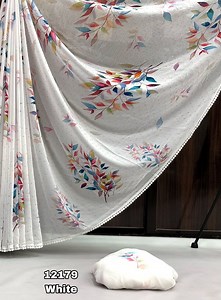 ✨New Partywear White Color Chiffon Print With Siroski Work n Fancy Lace Border Designer Saree😍 🛒 Free Shipping 👉 COD Available ✅ Premium Quality Saree | Vastrang.in