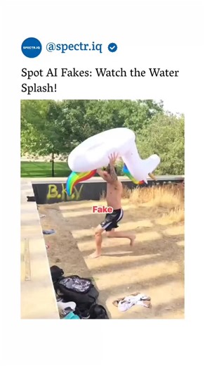 hallo_gundari on Instagram: "The post features a 14-second video contrasting AI-generated and real clips of a man jumping into a pool with an inflatable unicorn float, highlighting unnatural water splashes in the AI versions as a detection trick. Labeled "Fake" segments show rigid or overly smooth water displacement, while "Real" ones depict authentic ripples and bubbles, exploiting AI's challenges with fluid dynamics. This aligns with a 2024 arXiv study finding generative AI models produce misl