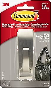 Command Large Modern Reflections Metal Hook, Brushed Nickel, 1-Hook, 2-Strips, Decorate Damage-Free