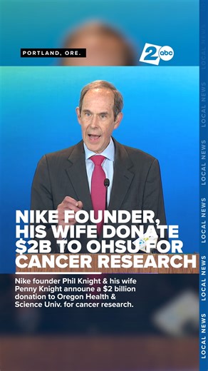 Nike co-founder Phil Knight and his wife, Penny Knight, have donated $2 billion to the Oregon Health and Science University, a record-setting philanthropic effort toward cancer research. Dr. Brian Druker, a longtime collaborator with the Knights on their efforts in cancer research, helped make the announcement with Oregon Governor Tina Kotek on Thursday. https://bit.ly/4mI6C3F | KATU News