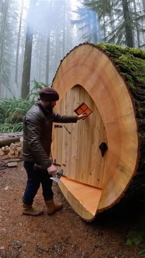 I Built a Cozy Cabin with a Fireplace Inside a Massive Log 🔥🪵#shorts #treehouse #woodworking