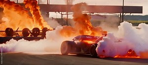 Highly Dramatic Scene: Formula 1 Car on Fire with Technical Malfunction and Crash