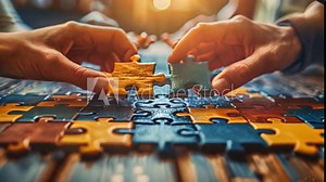 Close-up of a business team's hands assembling a complex puzzle. Metaphor for teamwork and solving problems together