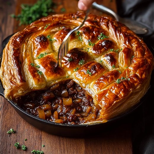 4.8K views · 12 reactions | Caramelized Onion & Beef Puff Pastry Pie Golden crispy puff pastry • Deeply caramelized onions • Savory beef • Rich gravy filling ⭐ Ingredients A. Caramelized Onion & Beef Filling 1 lb (450g) ground beef 3 large onions, thinly sliced 2 tbsp butter 1 tbsp olive oil ....................... FULLL Recipe in First Cօʍʍеոτ  | Recipe Yumm | Facebook