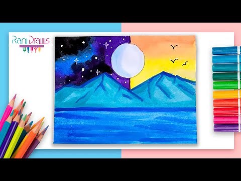 Cómo dibujar un PAISAJE DE DIA Y NOCHE con ACUARELA - ideas de paisajes fáciles