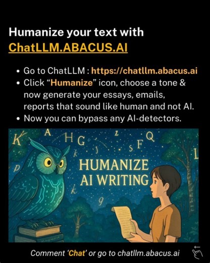 Python on Instagram: "Comment "chat" and we'll send you the link! ChatLLM from Abacus.AI is the all-in-one super AI assistant for professionals—get access to top LLMs like ChatGPT-5, o3 Pro, Claude 4.1, Grok 4, Gemini 2.5 Pro, DeepSeek Llama-3, and more, all in one place. More key features of ChatLLM: → Image and Video Generation → Humanize your ai-generated text → Execute code, analyze data, and draw plots → Create Apps, Websites and Presentations → Create personalized chatbots with ChatLLM tea