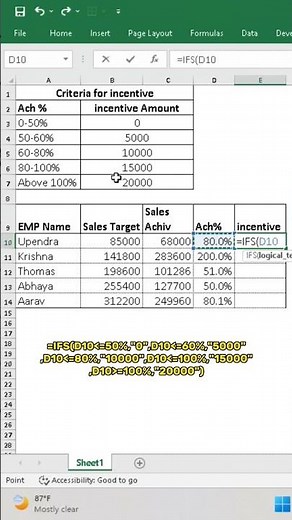 How to Calculate Employee Incentives Using the IFS Function in Excel.