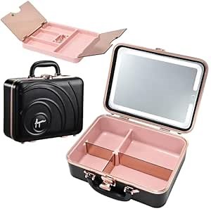 Faquenc Travel Makeup Case with LED Lighted Mirror 12 Inch Portable Makeup Box Organizer Adjustable Brightness in 3 Colors Cosmetic Storage Case with Dividers Hard Aluminum Shell Vanity Box Black