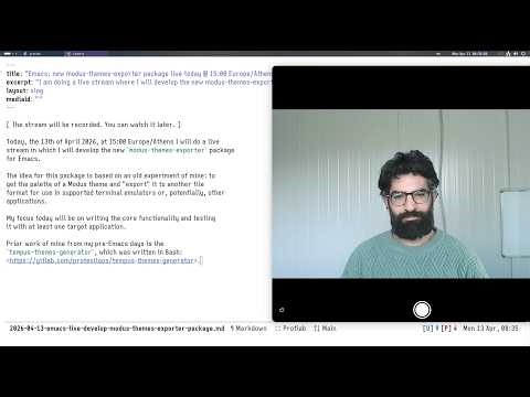 Emacs: new modus-themes-exporter package live today @ 15:00 Europe/Athens