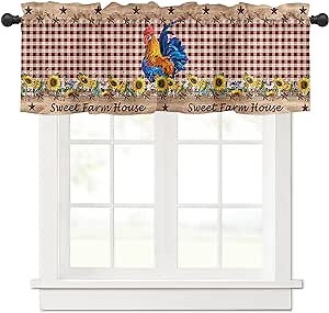 Window Valances Kitchen Short Curtains, Farm Rooster Sunflower Retro Red Check Rod Pocket Valance Drapes Decorative Window Treatment for Living Room Bedroom Bathroom Animal Star on Wood Grain 54x18In
