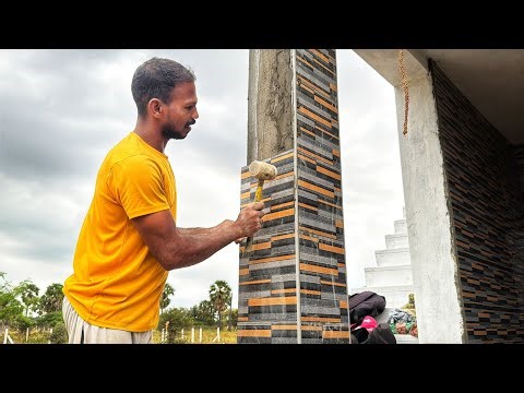 Install &Techniques of Column Tiling_2BHk Front Portico Pillar Tile Fastest Fitting with Cement