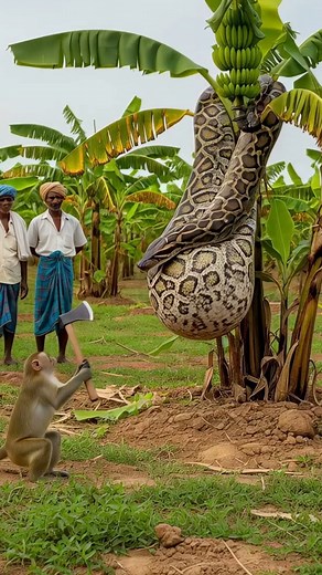 Monkey saves two calves from giant python 🐒 #animalrescue #monkey Witness an unbelievable animal rescue as a brave monkey saves two calves from a giant python. The massive snake predator had swallowed the calves, but the monkey intervenes with an axe. This shocking wildlife video shows the monkey cutting open the python to free the young cows. This is an amazing and unexpected survival story where one animal saves others from certain death. Farmers watch in disbelief during this incredible mome