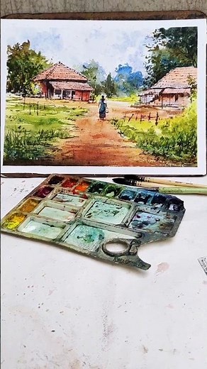 Beginners watercolour painting/village scenary /how to draw a watercolour#villageart #easywatercolor