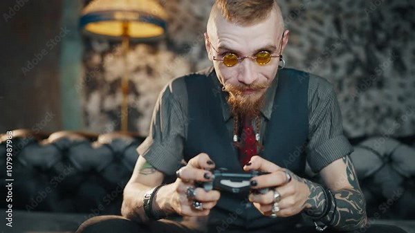 Extravagant male person playing computer games, using joystick, portrait at home . Happy man with stylish moustache, beard and tattoos smiling and having fun in evening, pastime and entertainment