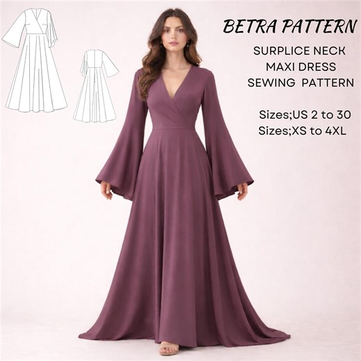Surplice Neck Maxi Dress Sewing Pattern – Flared Sleeve - PDF A0/A4 US 2-30 - Etsy