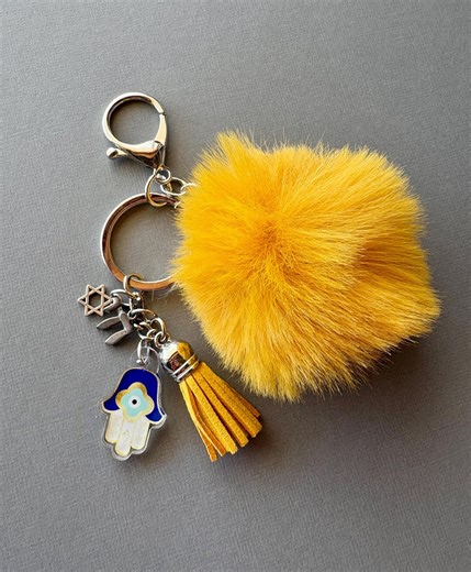 Hamsa Evil Eye Bag Charm Keychain With Fluffy Pom Pom, Tassel and Jewish Charms, Mother’s Day Gift - Etsy