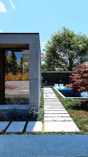 Exclusive Prefab Villa in Nature This prefabricated house represents a contemporary vision of minimalist living, where architecture, nature, and light merge in perfect harmony. Compact yet elegant, the home opens fully toward the garden and pool through large floor-to-ceiling windows, creating a seamless connection between indoor comfort and outdoor serenity. The flat roof and clean geometric volumes, enhanced by warm wood and exposed concrete, convey a refined yet relaxed atmosphere. Every elem