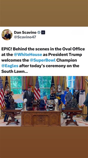 EPIC! Behind the scenes in the Oval Office at The White House as President Donald J. Trump welcomes the Super Bowl Champion Philadelphia Eagles after today’s ceremony on the South Lawn… | Daniel Scavino Jr.