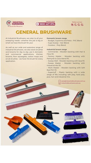 Industrial Brushware on Instagram: "GENERAL BRUSHWARE ✨ At Industrial Brushware, we cater to all your sweeping needs—whether the job is big or small we have the brush for you! ✨ As well as our wide and extensive range of Industrial Brushware, we also stock brushes and brooms for day to day use in domestic and commercial applications. Kitchen brooms, floor squeegees, cotton mops and scrub brushes - we have the brush for every application. ✨ Plastic or Metal Dustpan and Bannister Set, Scrub Brushe