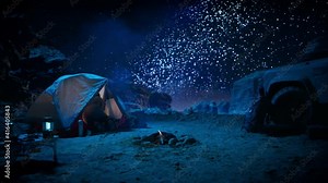 Nature Night Camping: Female Traveler Prepares to Sleep in Her Tent, Resting Before Active Day of Hiking, Trekking, Travel. Amazing Campsite view of Milky Way Stars Shining on Rocky Canyon Mountains
