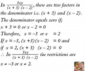Definition of Algebraic Fraction An algebraic fraction is a fraction where the numerator or denominator (or both) contain algebraic expressions involving variables. Example: Identify the restriction on the variable in the fraction 3xy/(x 3) (x – 2) | Mathematical Muse